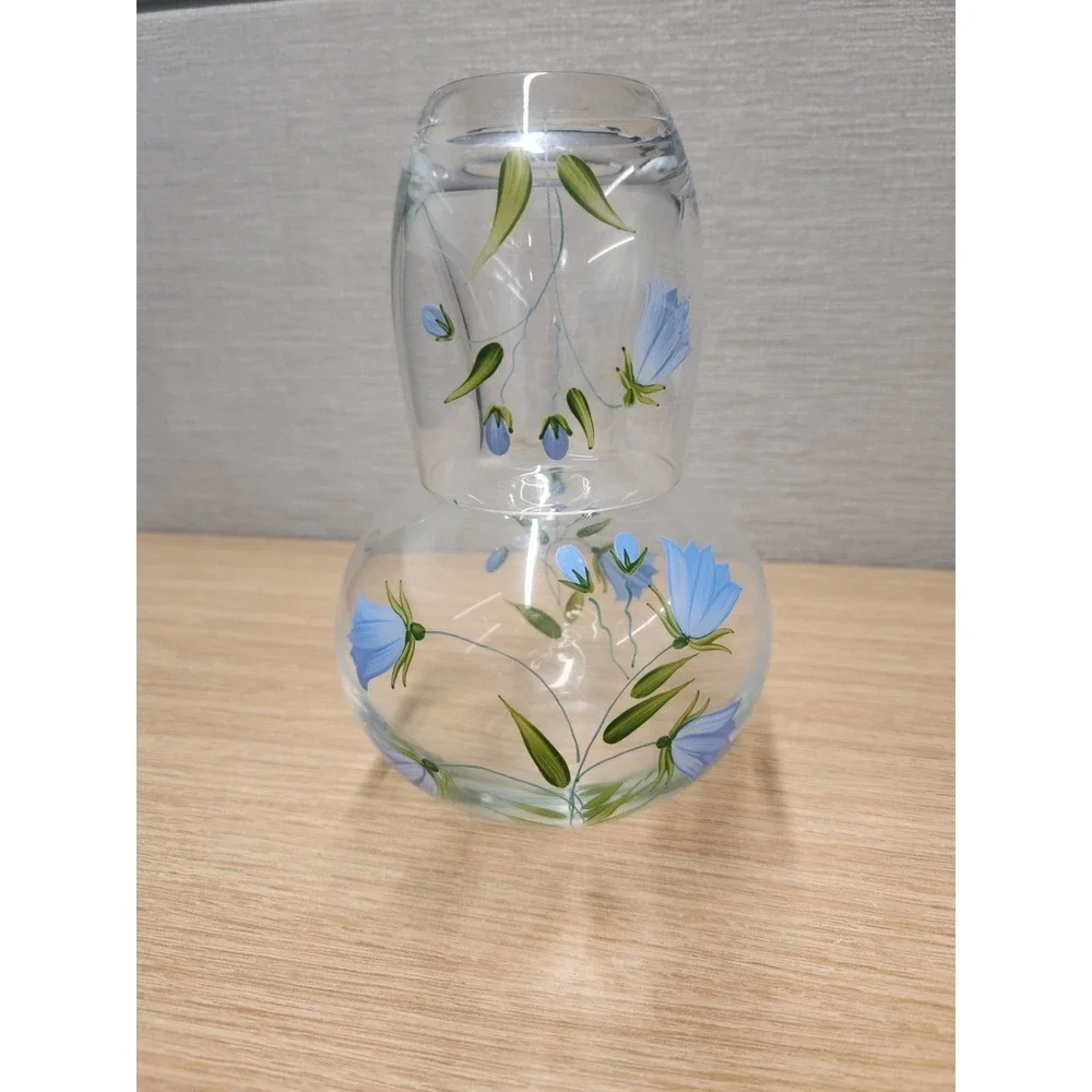 Hand Painted Blue Floral Clear Glass Tumble Up Bedside Water Carafe Made Hungary